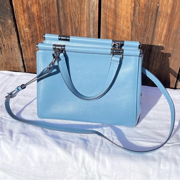 Coach NY Grace Crossbody Satchel in Striking Blue-Gray Leather with Black Edges - Picture 3 of 14